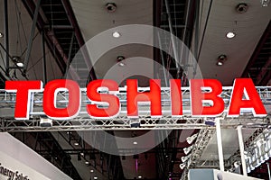 Toshiba company logo sign on exhibition fair Cebit 2017 in Hannover Messe, Germany