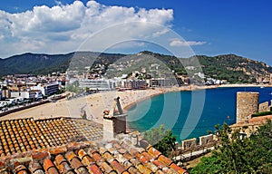 Tossa de Mar beach aerial view Villa Vella fortress wall panorama panoramic Spain Costa Brava Catalonia Barcelona Europe european