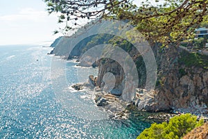 TOSSA DE MAR, CATALONIA, SPAIN: Top view of the sea and mountains