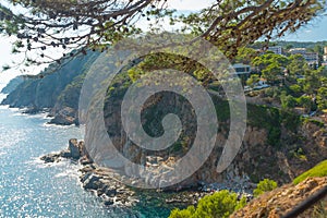 TOSSA DE MAR, CATALONIA, SPAIN: Top view of the sea and mountains