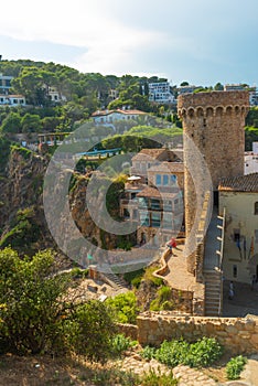 TOSSA DE MAR, SPAIN: The city walls of the old fortress of Tossa de Mar on a sunny day