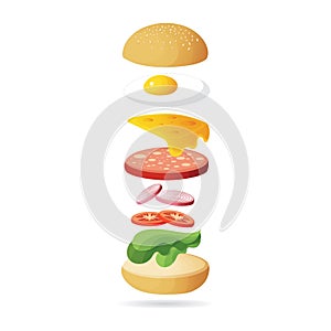Tossed ham and egg burger. Vector illustration decorative design