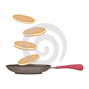 Tossed pancake in the pan. Flat vector illustration