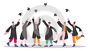 Tossing caps in air. College graduates throw up academic caps. Students ending education. Certified specialists in robes