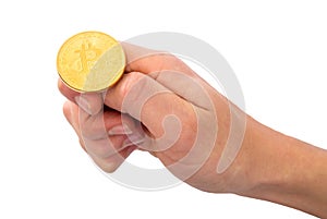 Tossing Golden Bitcoin in a man hand. heads or tails you decide.