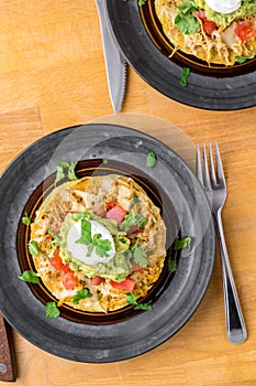 Tostada stack meal from above. photo