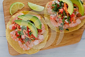 Tostadas de camaron Mexicanas, shrimps tostada, mexican food in mexico, sea foods photo