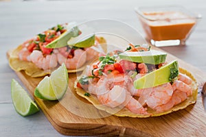 Tostadas de camaron Mexicanas, shrimps tostada, mexican food in mexico, sea foods photo