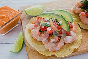 Tostadas de camaron Mexicanas, shrimps tostada, mexican food in mexico, sea foods photo