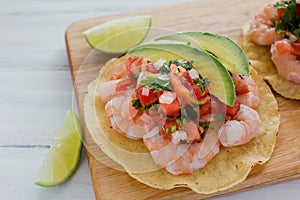 Tostadas de camaron Mexicanas, shrimps tostada, mexican food in mexico, sea foods