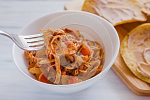 Tostadas Mexicanas with chicken, tinga de pollo mexican food in mexico