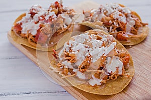 Tostadas Mexicanas with chicken, tinga de pollo mexican food in mexico