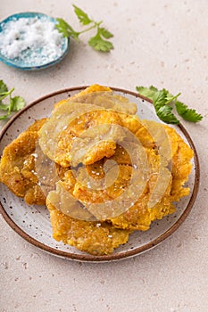 Tostones, traditional Carribean dish, twice fried plantains