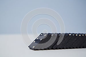 Total collapse. Domino effect mockup. Black planks falling down, copy space. Financial crisis. Total collapse