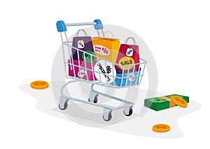 Total Sale Concept. Customer Trolley Full of Colorful Shopping Bags, Money Bills and Coins around