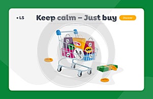 Total Sale Landing Page Template. Trolley Full of Shopping Bags, Money Bills and Coins. Special Offer Promotion Discount