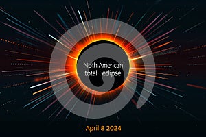 Total solar eclipse 2024 banner template with information text. Horizontal poster, card, typography design