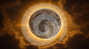 Total solar eclipse with cosmic rays and glowing moon surrounded by dark clouds photo