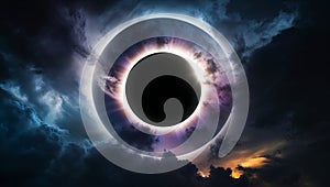 Total solar eclipse creating a dramatic diamond ring effect in cloudy sky