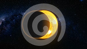 Total solar eclipse 3d: lunar silhouette art illustration. Epic cosmos scene in dark blue background photo