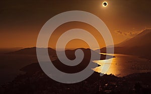 Total solar eclipse in dark red sky above mountains and sea