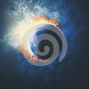 Total solar eclipse event on a blue sky. Dramatic.