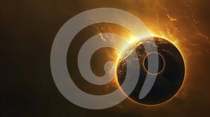 A total solar eclipse highlighted by glowing sun rays, over a dark background