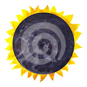 Total Solar eclipse. The moon covers the sun. Cosmos space clipart . Hand draw watercolor illustration isolated on dark