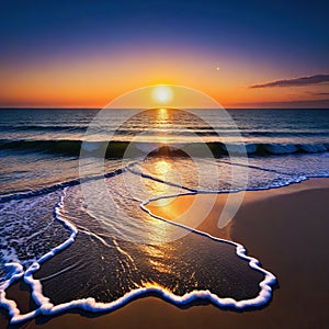 A total solar eclipse with the sun just above the view from the beach at sunset