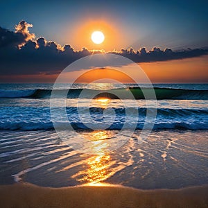 A total solar eclipse with the sun just above the view from the beach at sunset