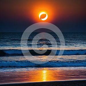 A total solar eclipse with the sun just above the view from the beach at sunset