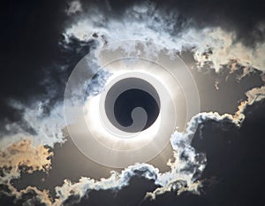 Total Solar Eclipse with Suns Corona Visible Through Dramatic Clouds