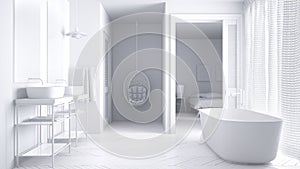 Total white minimalist scandinavian bathroom with bedroom