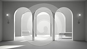 Total white project draft, classic eastern lobby, modern hall with stucco walls, interior design archways, empty space with photo
