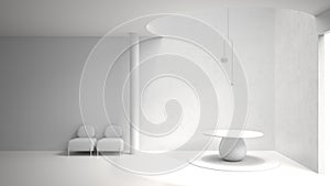 Total white project draft, classic metaphysics interior design, lobby, hall, round table and pendant lamp, armchairs, living,