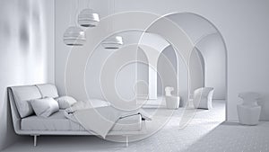 Total white project draft, classic metaphysics surreal interior design, bedroom with ceramic floor, open space, archway with