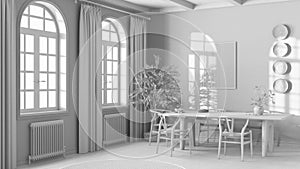 Total white project draft, classic scandinavian dining room. Wooden table with chairs, parquet and frame mockup. Japandi interior