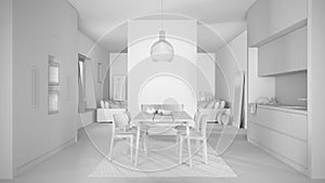 Total white project draft, cosy kitchen with dining table and chairs, modern fireplace and walls, living room with sofa, contempor