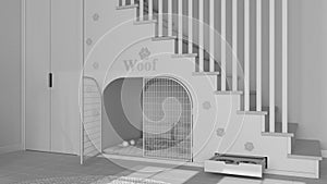 Total white project draft, cozy space devoted to pets, dog room interior design, concept idea. Wooden staircase decorated with