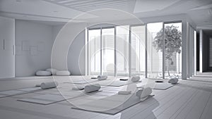 Total white project draft, empty yoga studio interior design, mats, pillows and accessories, patio house, inner garden with tree