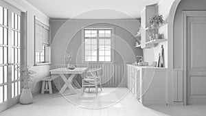 Total white project draft, farmhouse bleached wooden kitchen with dining room. Cabinets and table with chair. Japandi interior