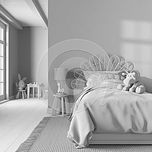 Total white project draft, farmhouse children bedroom. Single bed with wall mockup. Parquet floor. Boho interior design