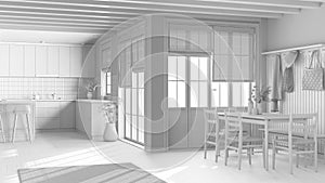 Total white project draft, farmhouse kitchen and dining room. Wooden cabinets, island with stools, table with chairs. Modern