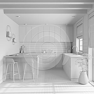 Total white project draft, farmhouse kitchen. Wooden cabinets, island with stools, parquet floor. Modern interior design
