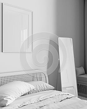 Total white project draft, frame mockup, close up of modern scandinavian wooden bedroom with rattan furniture, double bed with