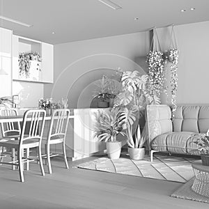 Total white project draft, home garden, dining and living room. Island with chairs, parquet and mani houseplants. Urban jungle