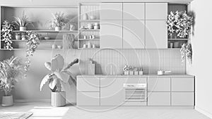 Total white project draft, indoor home garden concept idea. Minimal kitchen interior design. Parquet, sofa and many house plants.
