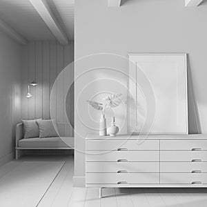 Total white project draft, japandi living room. Wooden chest of drawers with frame mockup. Parquet floor. Modern interior design