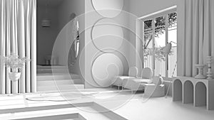 Total white project draft, metaphysical abstract object for flat living room in classic space, staircase and walls, armchairs and photo