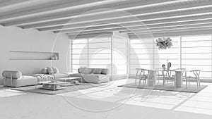Total white project draft, minimal modern wooden living and dining room with sofa and table. Beams ceiling. Japandi interior